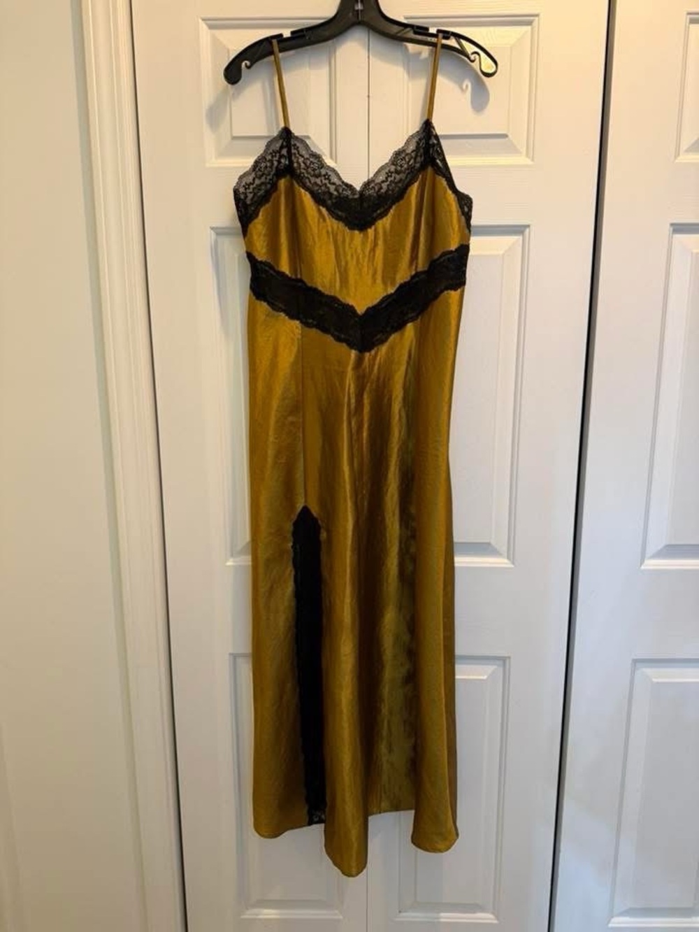 Hill House The Ida Slip Dress in Amber Crushed Satin Large Gold Black Vintage - Picture 5 of 5
